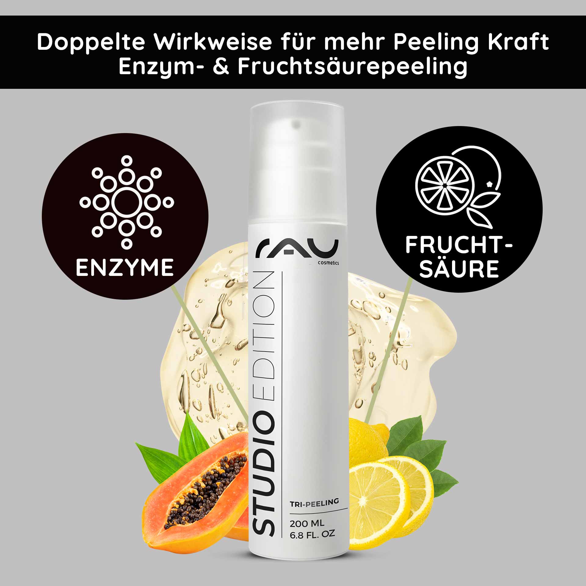 Tri-Peeling 200 ml Peeling agli enzimi e agli acidi della frutta Flasche Tri-Peeling von RAU Cosmetics, 200 ml, mit Abbildung von Enzymen und Fruchtsäuren, umgeben von Papaya- und Zitrusfrüchten, auf grauem Hintergrund, betont die multifunktionale Wirkung und Hautpflegeeigenschaften.