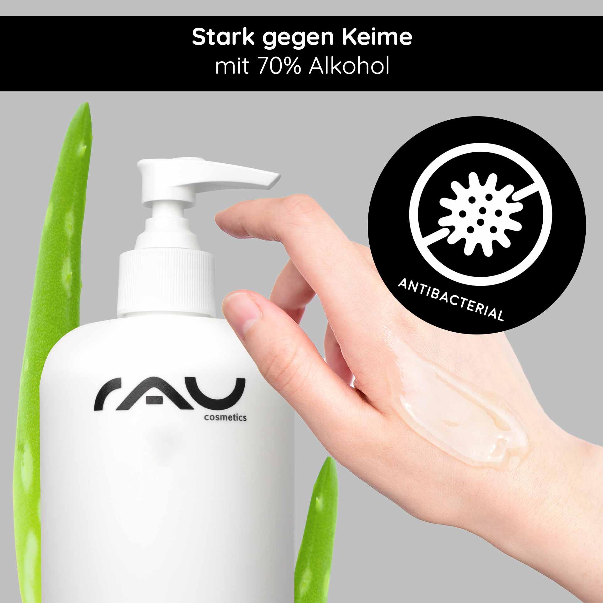 Gel detergente per la cura delle mani 500 ml Disinfezione e cura RAU Hand Care Reinigungsgel mit 70 % Alkohol, Aloe Vera und einer Hand, die das Gel aufträgt, wobei die antibakteriellen Eigenschaften und die Hautpflege im Vordergrund stehen.