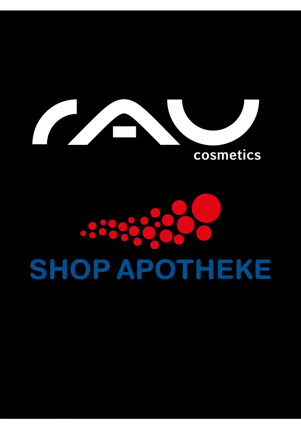 RAU_Cosmetics-Shopapotheke RAU Cosmetics-Logo mit dem Text „SHOP APOTHEKE“, das für die Online-Verfügbarkeit von Kosmetikprodukten wirbt.