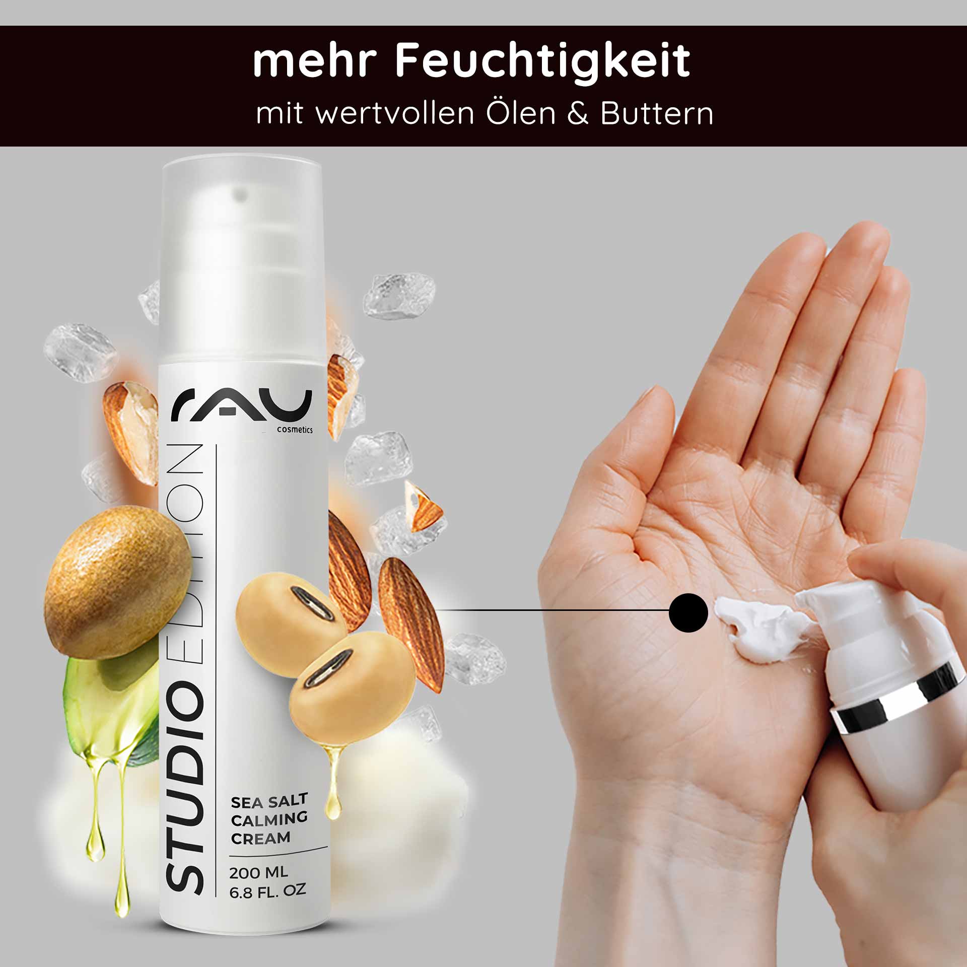 Crema calmante al sale marino 200 ml con sale marino e PHA Flasche der RAU Sea Salt Calming Cream mit Kamillenblüten, Meersalz und grünen Blättern, die die beruhigenden und feuchtigkeitsspendenden Eigenschaften für empfindliche Haut betont.