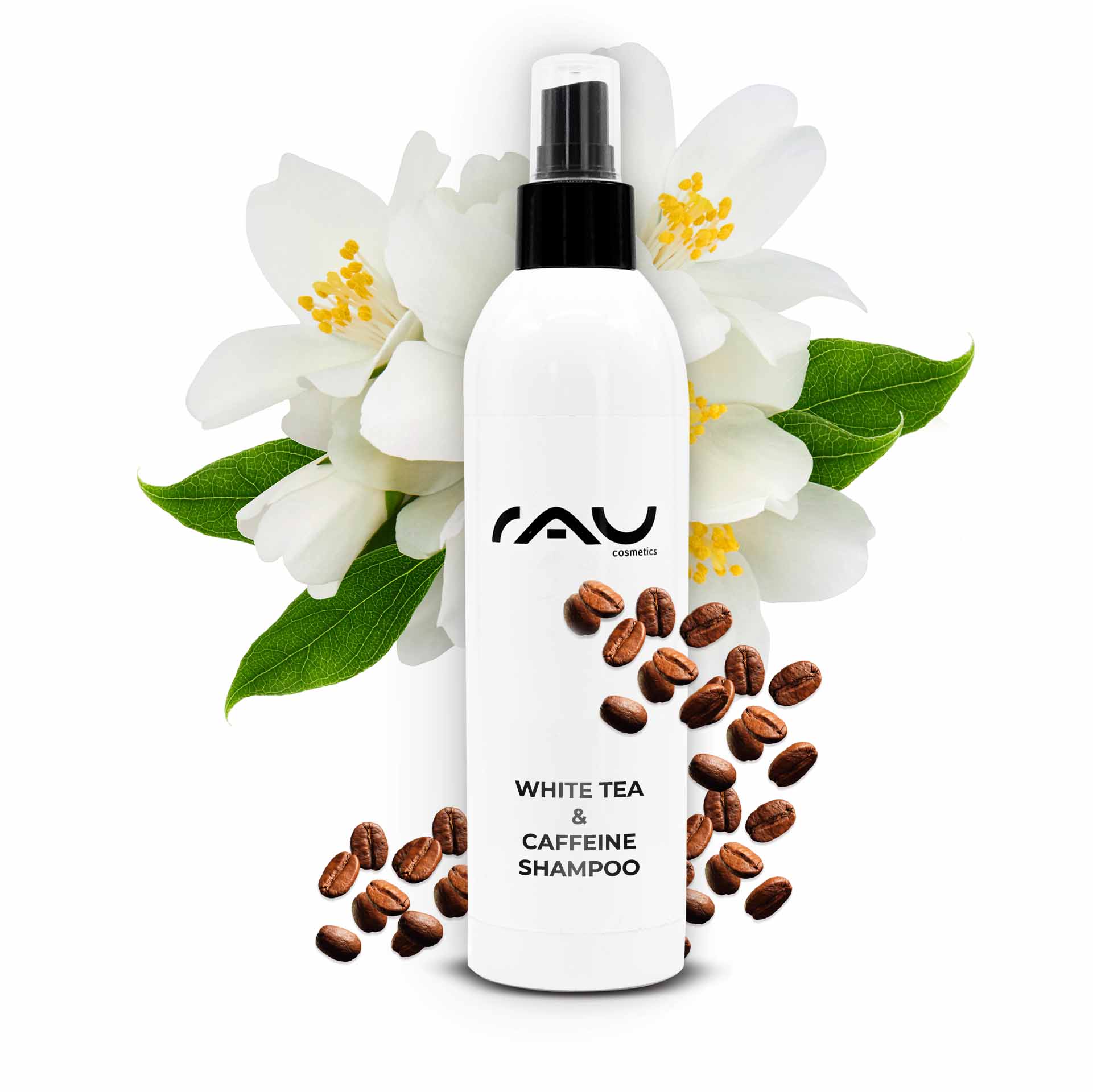 Shampoo al Tè Bianco & Caffeina 250 ml Flasche mit RAU Cosmetics White Tea & Caffeine Shampoo, umgeben von weißen Blüten und Kaffeebohnen, symbolisiert belebende Haarpflege und intensive Feuchtigkeit.