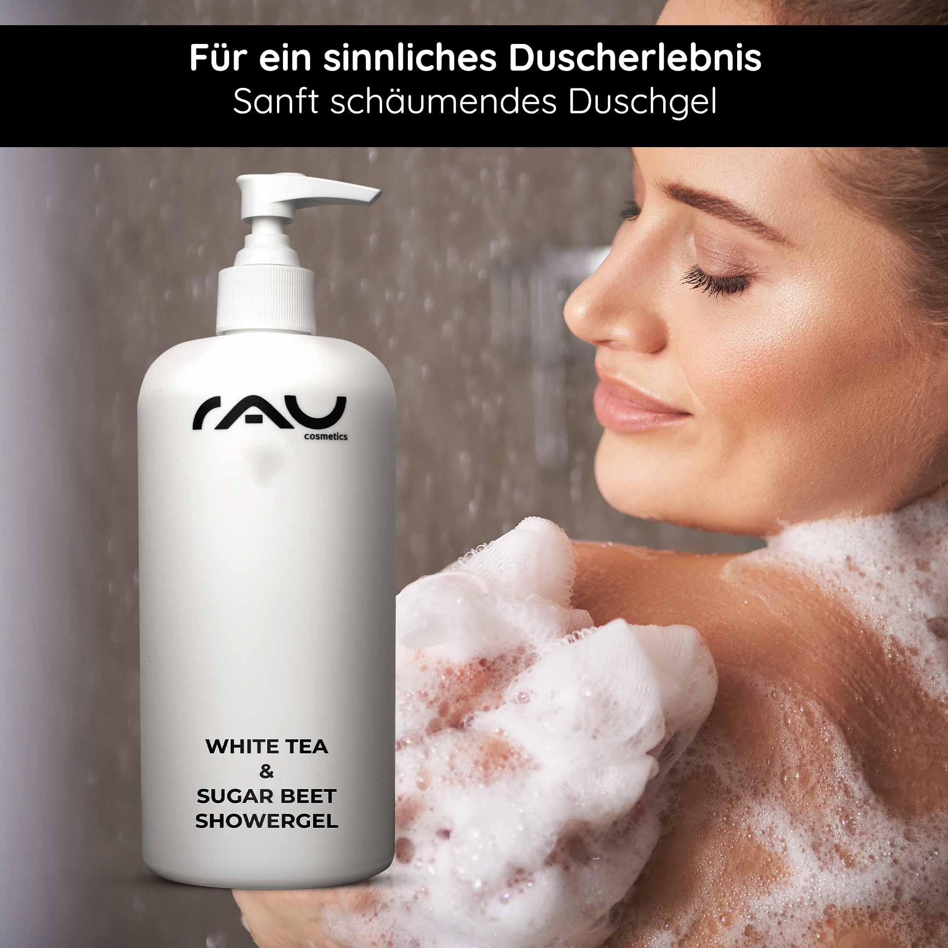 Gel doccia al tè bianco e barbabietola da zucchero 500 ml Gel doccia Flasche von RAU Cosmetics mit White Tea & Sugar Beet Showergel, sanft schäumendes Duschgel, Anwendung auf der Haut, angenehmer Duft, für ein sinnliches Duscherlebnis.