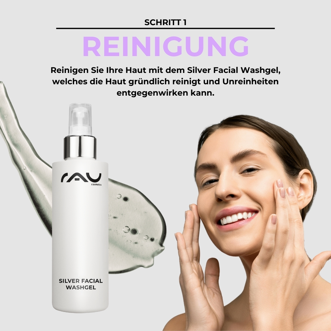 Routine di cura professionale per la pelle grassa e impura Frau mit fröhlichem Gesicht, die das Silver Facial Washgel von RAU Cosmetics anwendet, um unreine fettige Haut zu reinigen; Produktflasche mit der Aufschrift "Silver Facial Washgel" im Vordergrund.