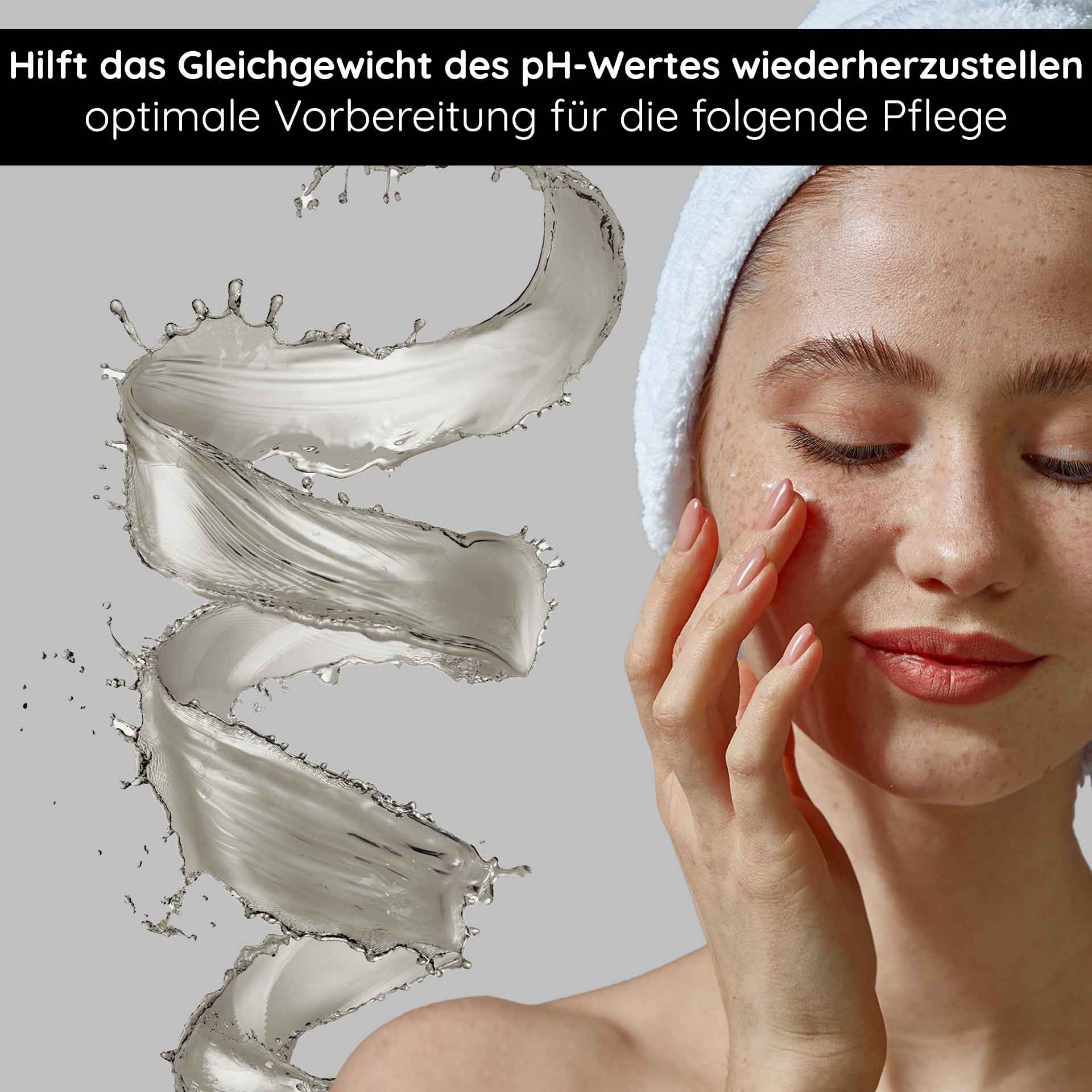 AHA Neutralizer 200 ml per neutralizzare la pelle AHA-Neutralisator mit einer Frau, die ihn auf ihr Gesicht aufträgt. Er zeigt die Wiederherstellung des pH-Gleichgewichts und die Vorbereitung auf die Hautpflege, mit wirbelnder gelartiger Textur und Wasserspritzern.
