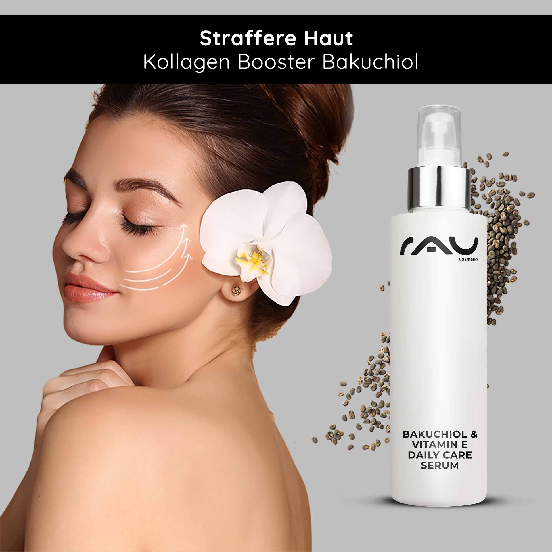 Siero di cura quotidiana al bakuchiolo e vitamina E 100 ml Anti-età Frau mit blühendem Orchideenhaar und Bakuchiol & Vitamin E Daily Care Serum von RAU Cosmetics, zeigt Anwendungshinweise für straffere Haut und Kollagenboost.