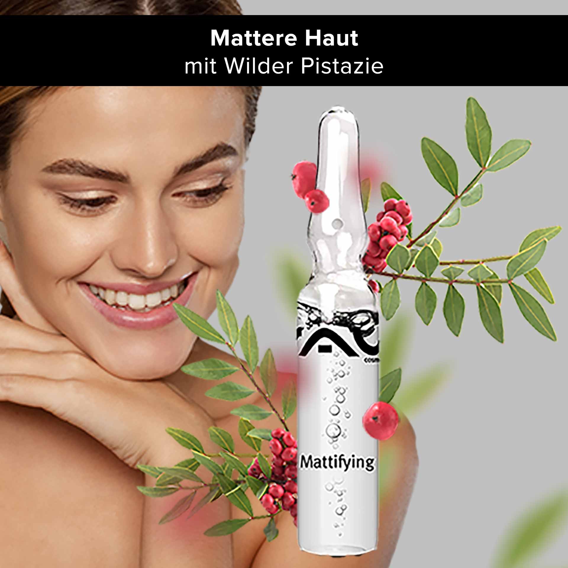 Ampolle opacizzanti 10x2 ml Opacizzante al pistacchio selvatico Mattierende Serumampulle von RAU Cosmetics mit wilder Pistazie, lächelnder Frau, Hautpflegevorteilen, botanischen Elementen.