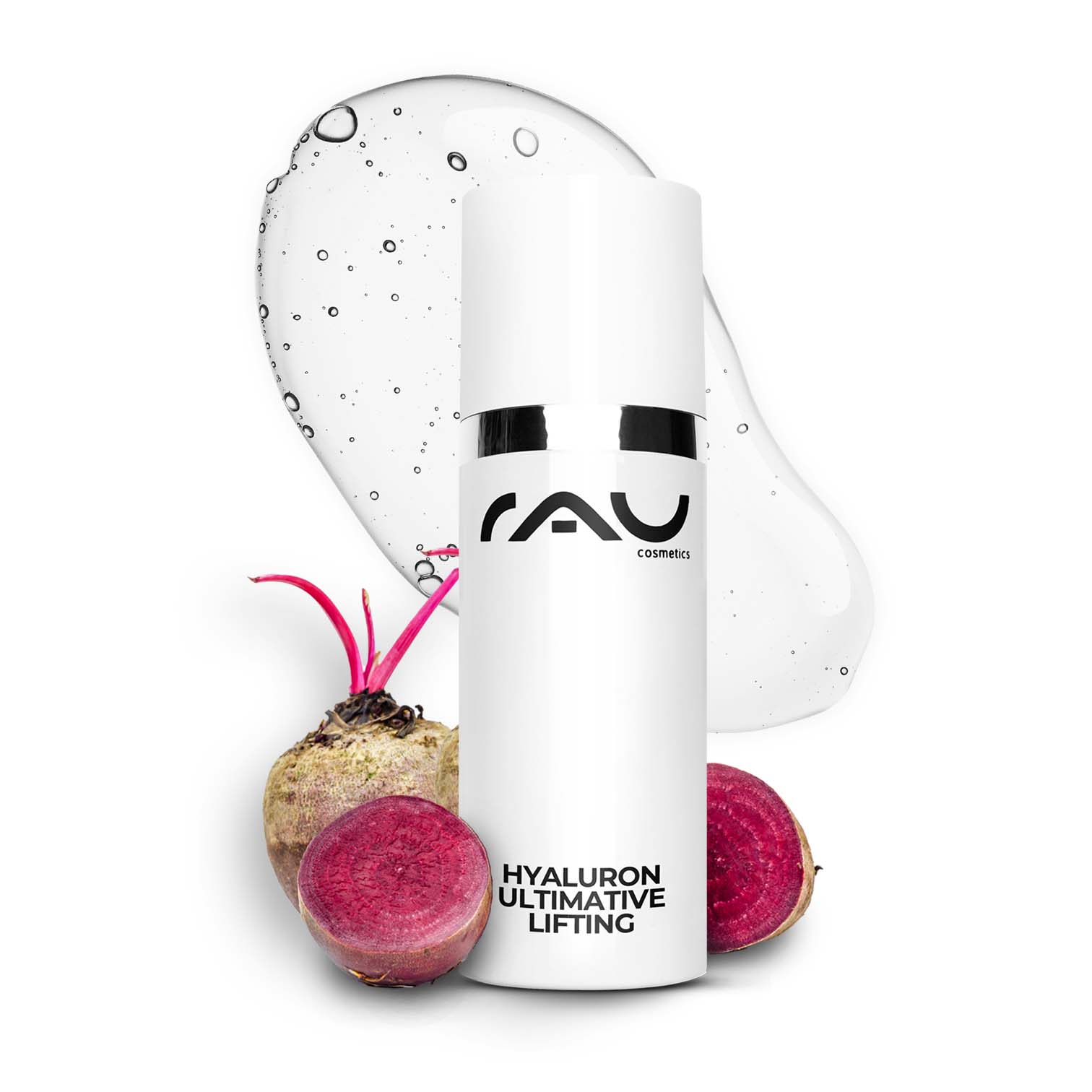 Hyaluron Ultimate Lifting 50 ml Gel liftante allo ialurone Hyaluron Ultimative Lifting Serum von RAU Cosmetics in weißer Flasche mit silbernem Deckel, umgeben von Rüben und einem feuchtigkeitsspendenden Gel, präsentiert als Anti-Aging Lösung für trockene Haut.