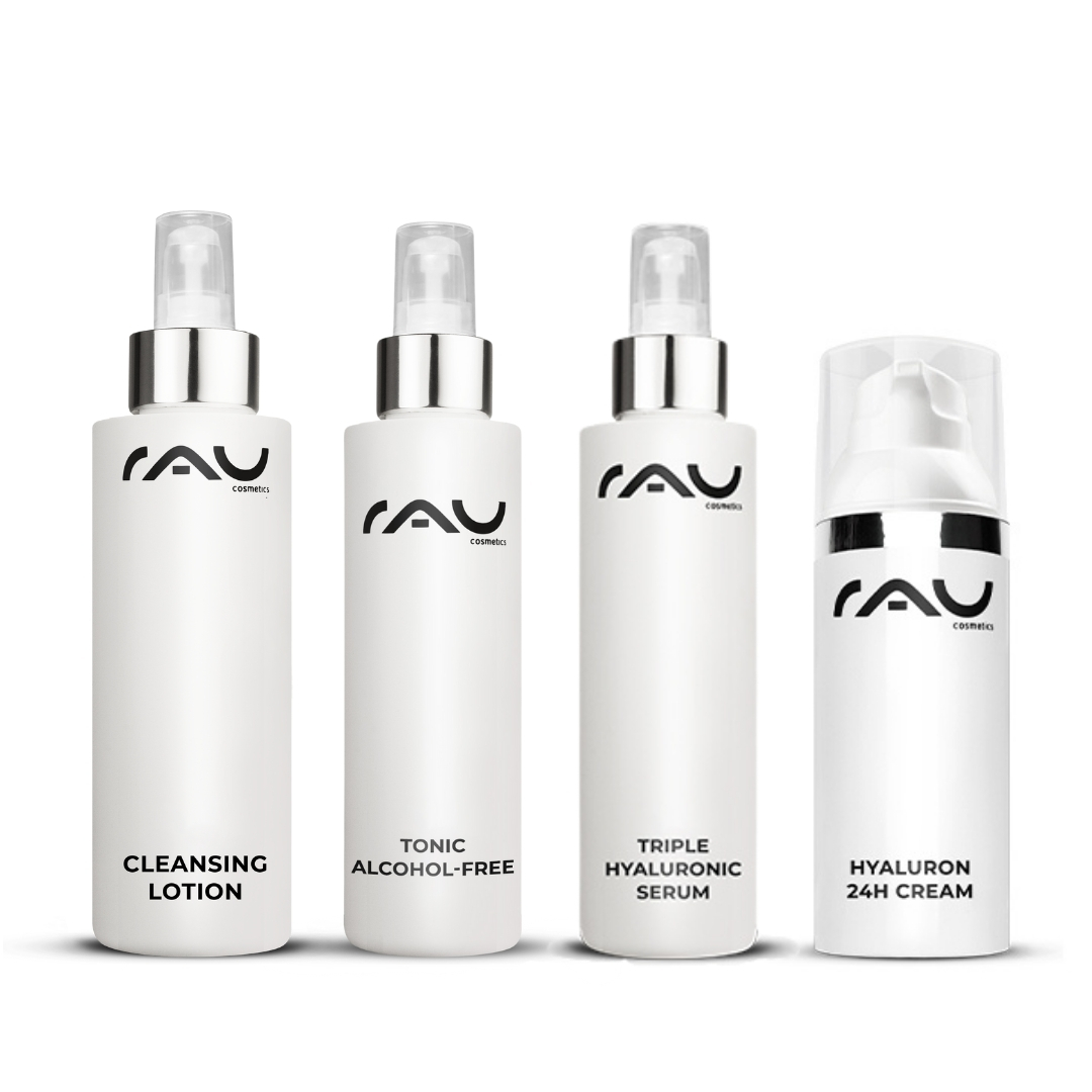 Routine di cura avanzata per la pelle secca Fortschrittliches Hautpflegeset von RAU Cosmetics mit Reinigungslotion, Tonic ohne Alkohol, 3-fach Hyaluron-Serum und Hyaluron 24h Creme für trockene Haut.