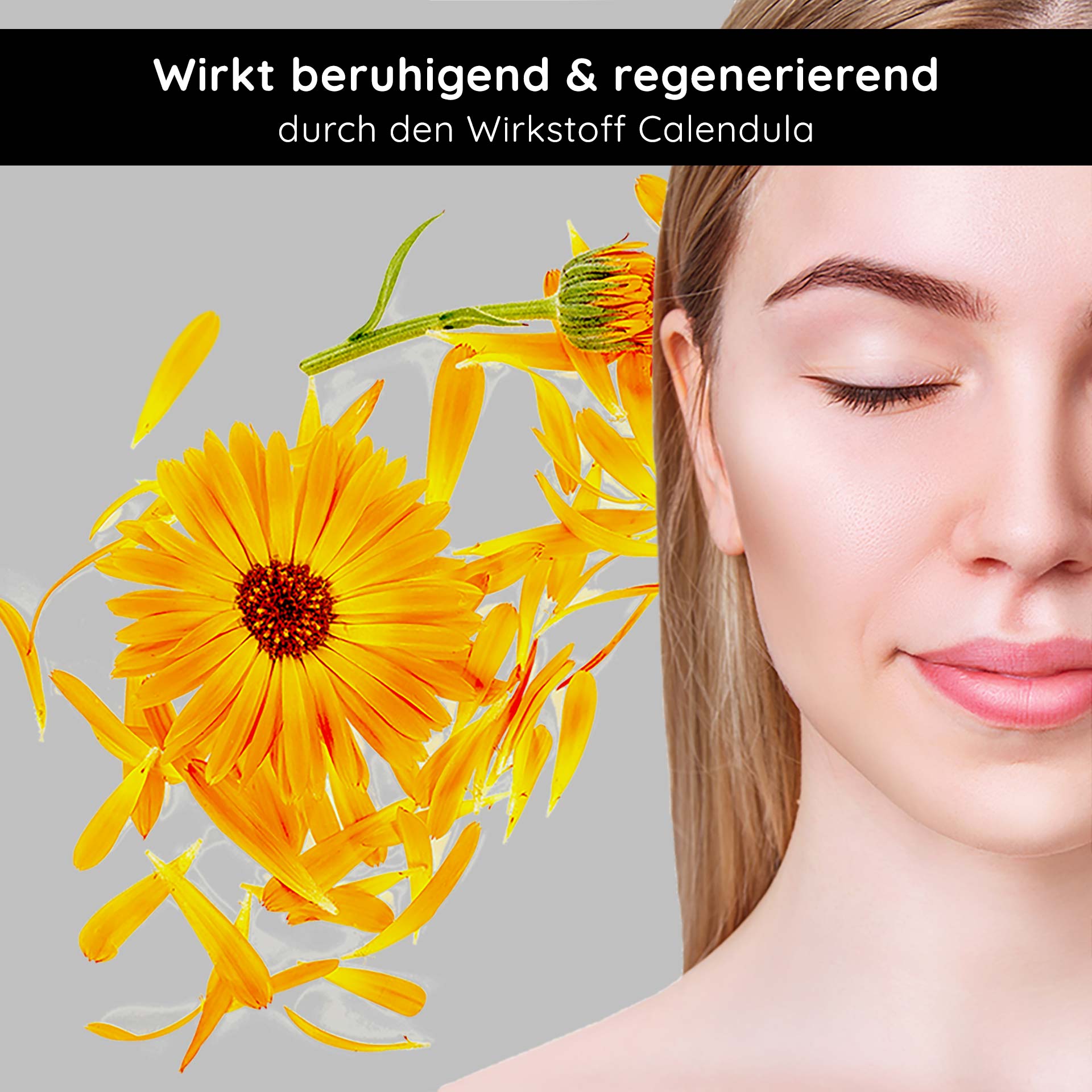 Siero antiarrossamento Couperose 50 ml per la rosacea Frau mit geschlossenen Augen und sanftem Gesichtsausdruck, umgeben von Calendula-Blüten, betont die beruhigenden und regenerierenden Eigenschaften des Inhaltsstoffs für empfindliche Haut.