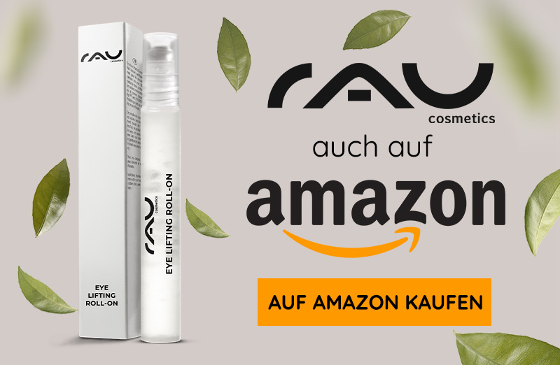 Verpackung des RAU Cosmetics Eye Lifting Roll-On mit Blättern, erhältlich auf Amazon für effektive Augenpflege.