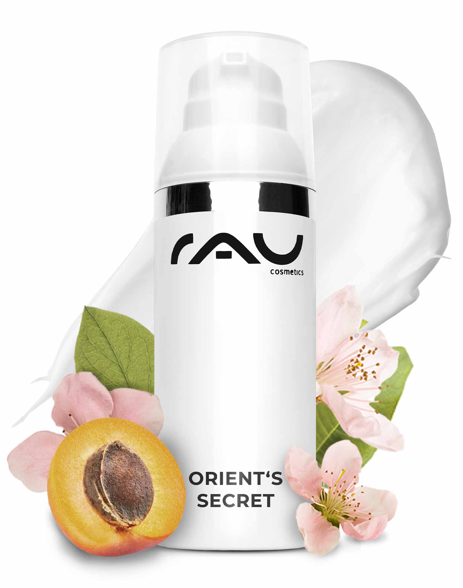 Orient's Secret 50 ml con polvere di amnetista RAU Cosmetics Orient's Secret Gesichtscremeflasche mit floralen Elementen und Pfirsich, fördert die Hautelastizität und Feuchtigkeitsversorgung für alle Hauttypen.