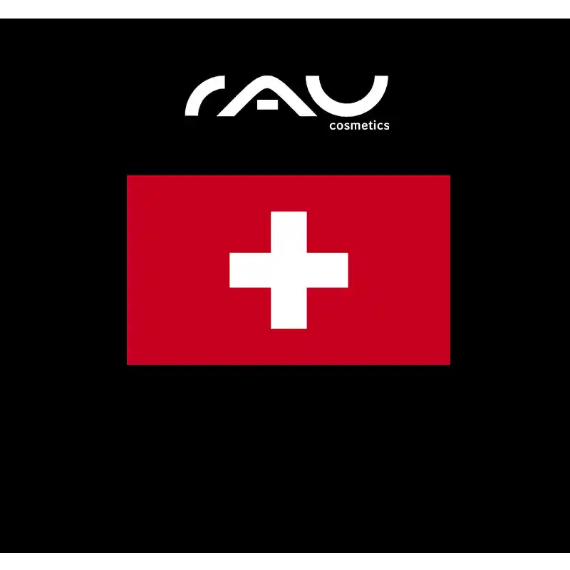 RAU_Cosmetics-Schweiz Das RAU Cosmetics-Logo über der Schweizer Flagge symbolisiert die Verfügbarkeit der Marke in der Schweiz.