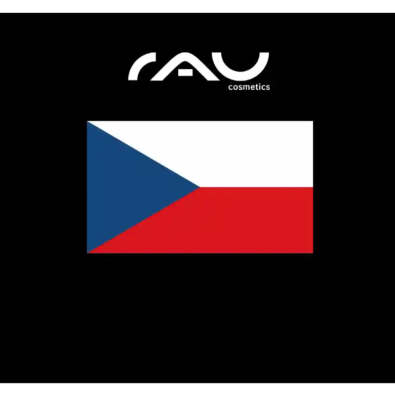 RAU_Cosmetics-Tschechien RAU Cosmetics-Logo mit der Flagge der Tschechischen Republik, das die Produktverfügbarkeit in Tschechien darstellt.