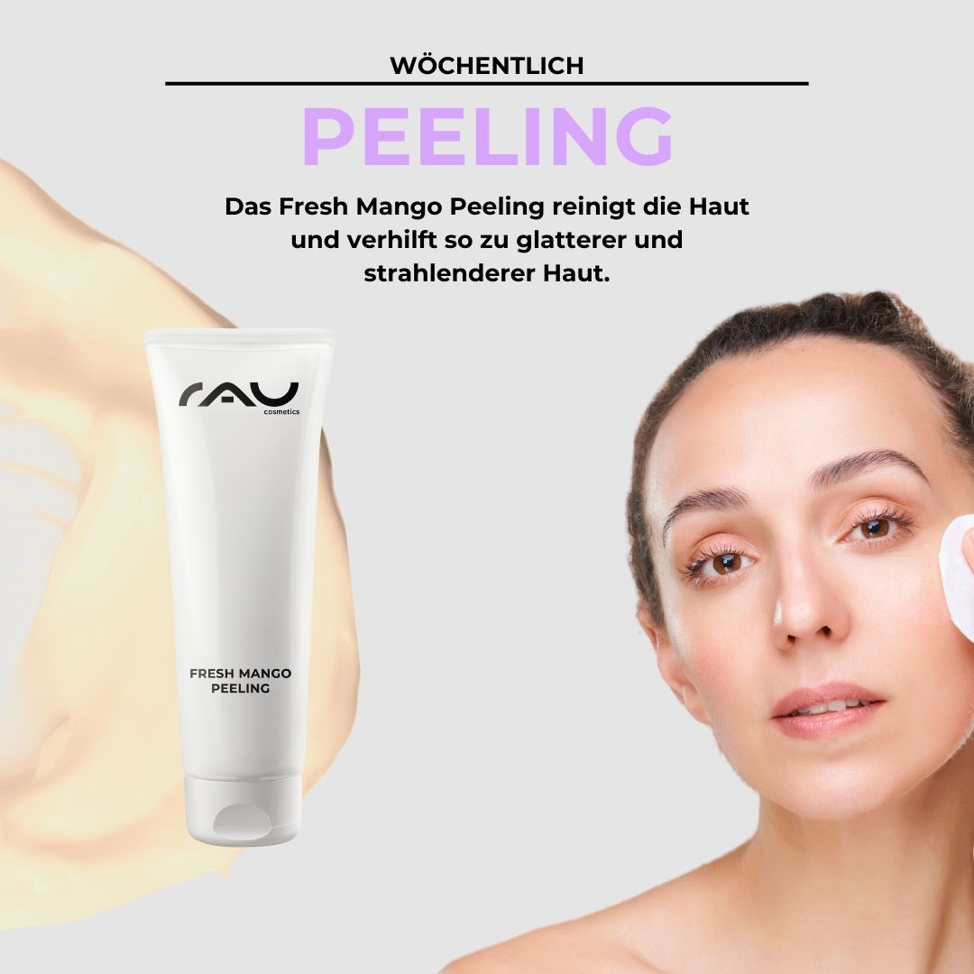 Routine di cura professionale per la pelle secca RAU Cosmetics Profi-Pflegeroutine für trockene Haut – Enzympeeling mit Shea Butter und Squalane für sanfte Zellerneuerung und Feuchtigkeitsversorgung.