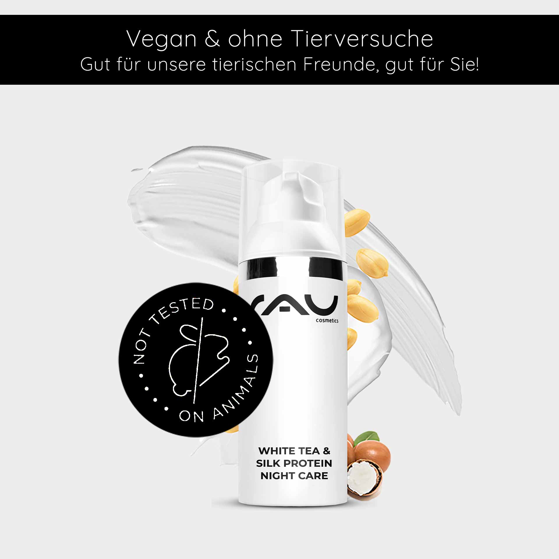Tè bianco e proteine della seta Trattamento notte 50 ml Crema notte RAU Cosmetics White Tea & Silk Protein Nachtpflegecreme in einer eleganten Flasche mit dem Logo „Nicht an Tieren getestet“ und einem Hintergrund aus cremiger Textur und Nüssen, der die vegane Hautpflege für die Feuchtigkeitsversorgung und Regeneration im