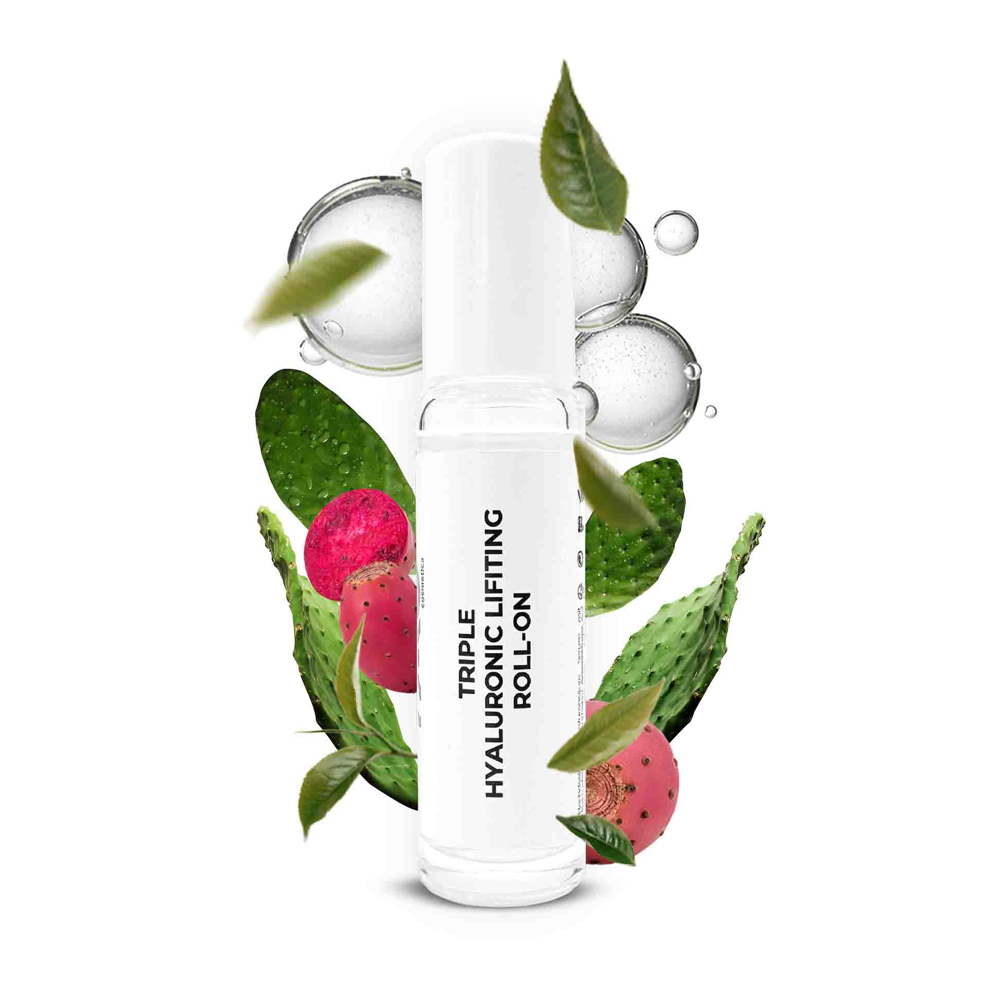 Triple Hyaluronic Serum Roll-On 10 ml con tripli acidi ialuronici Dreifach-Hyaluron-Lifting-Roll-On-Serum mit Kaktusextrakt und drei Hyaluronsäurearten, umgeben von grünen Blättern und rosa Kaktusfrüchten, für tiefe Feuchtigkeitsversorgung und Anti-Aging-Vorteile.