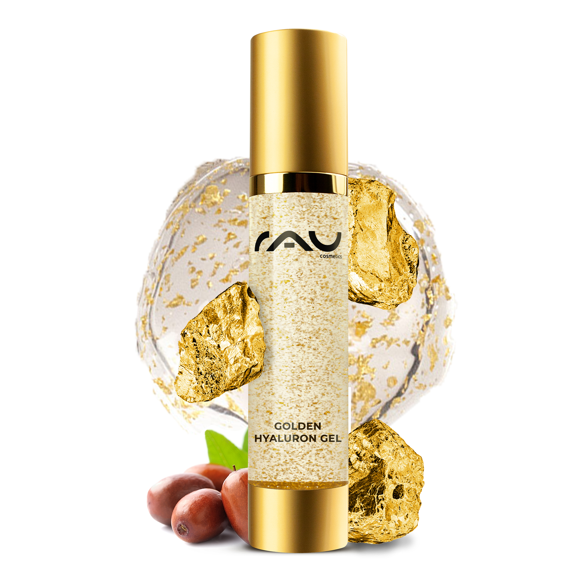 Golden Hyaluron Gel 50 ml Gel anti-età con oro 23kt RAU Cosmetics Golden Hyaluron Gel mit 23 Karat Gold, luxuriöse Anti-Aging-Formel, umgeben von Goldflocken und natürlichen Inhaltsstoffen, entwickelt für reife und trockene Hauttypen.