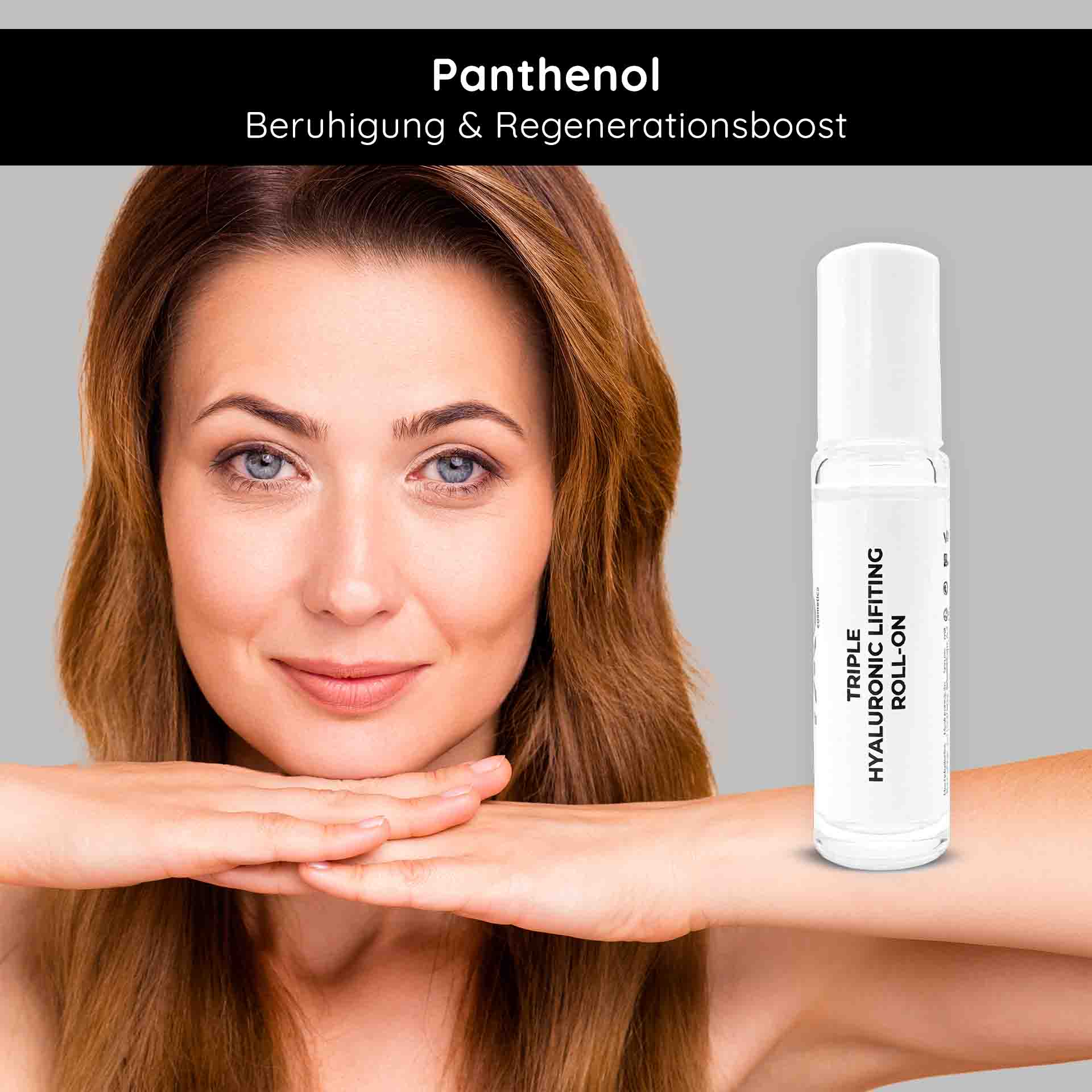 Triple Hyaluronic Serum Roll-On 10 ml con tripli acidi ialuronici Frau mit sanftem Lächeln und glatter Haut, präsentiert das Triple Hyaluronic Lifting Roll-On Serum, betont mit Panthenol für Beruhigung und Regeneration.