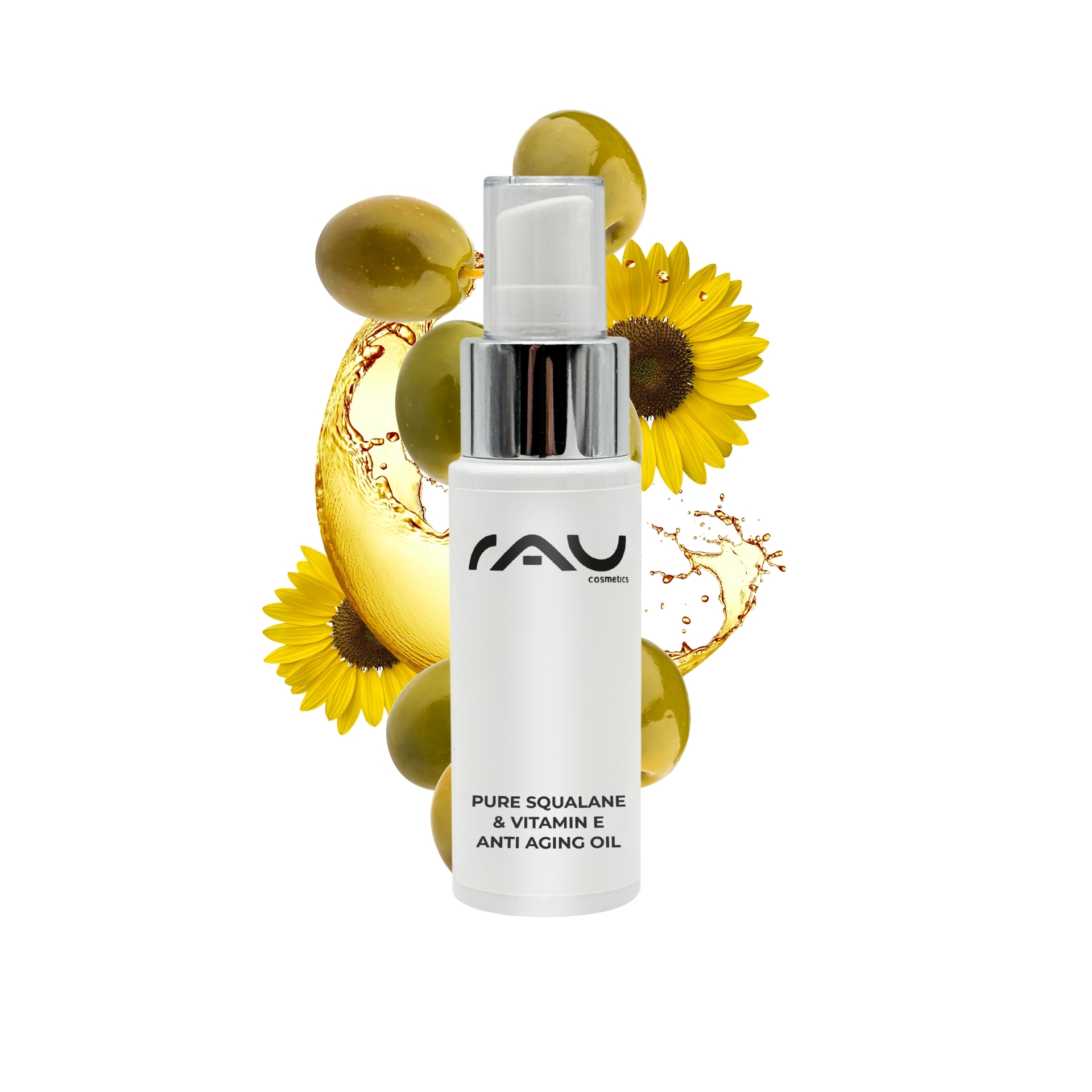 Puro olio antietà allo squalano e vitamina E 50 ml - Anti-età e idratante Flasche mit RAU Pure Squalane & Vitamin E Anti-Aging Öl vor einem Hintergrund aus Sonnenblumen und Oliven, betont die feuchtigkeitsspendenden und antioxidativen Eigenschaften des Produkts für trockene und reife Haut.