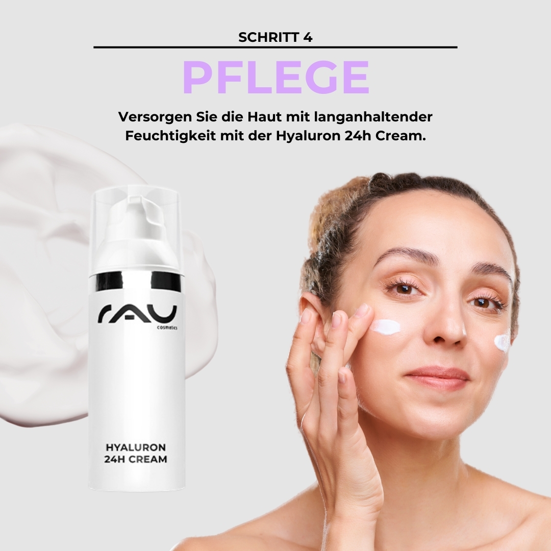 Routine di cura professionale per la pelle secca RAU Cosmetics Profi-Pflegeroutine für trockene Haut – Schritt 4: Feuchtigkeitscreme mit 24 h Wirkung für intensive Pflege und Regeneration.