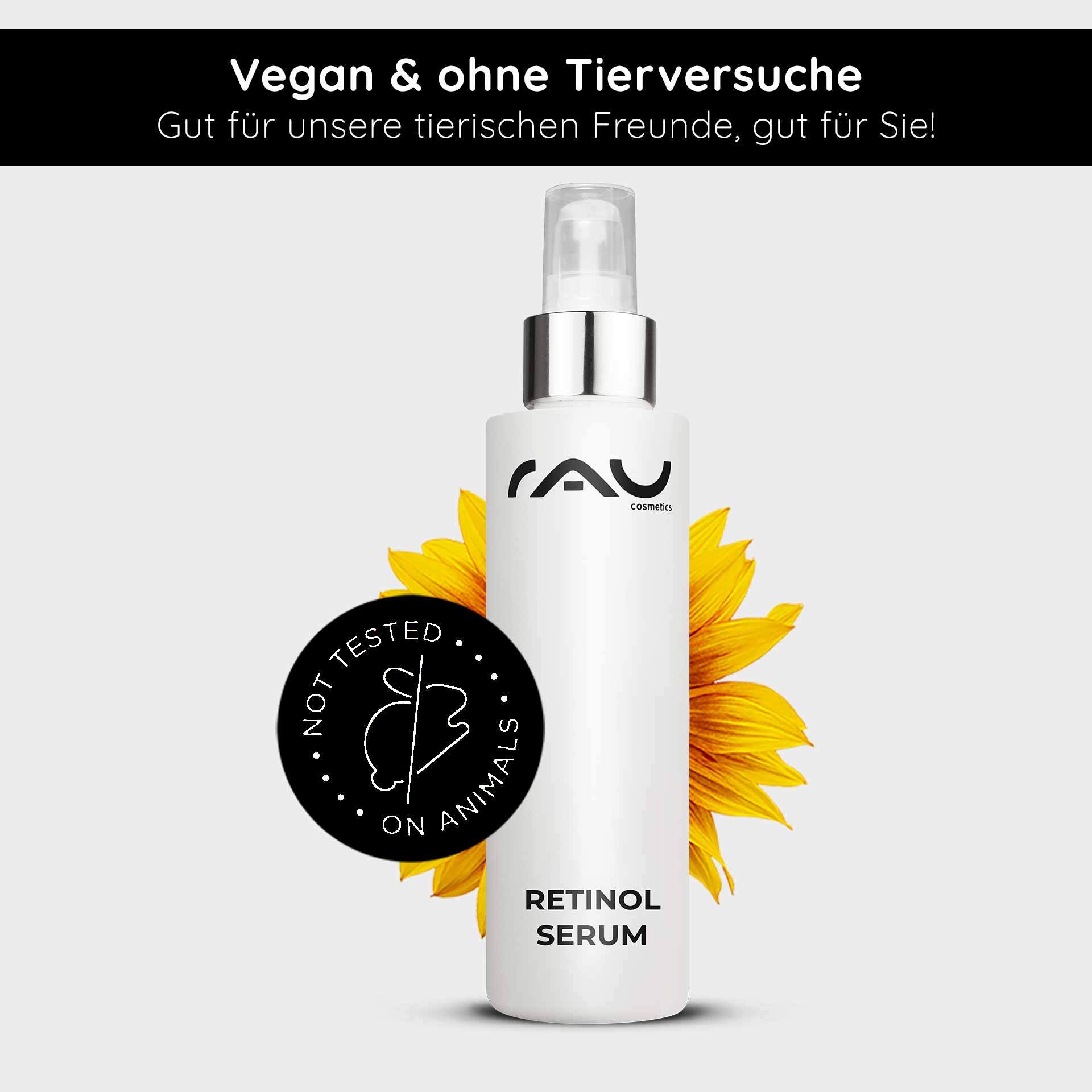Siero al retinolo 100 ml - Siero alla vitamina A per pelli secche e mature Retinol Serum von RAU Cosmetics in einer weißen Flasche mit Sprühkopf, umgeben von einer Sonnenblume, mit dem Hinweis "Vegan & ohne Tierversuche" und "Nicht an Tieren getestet".