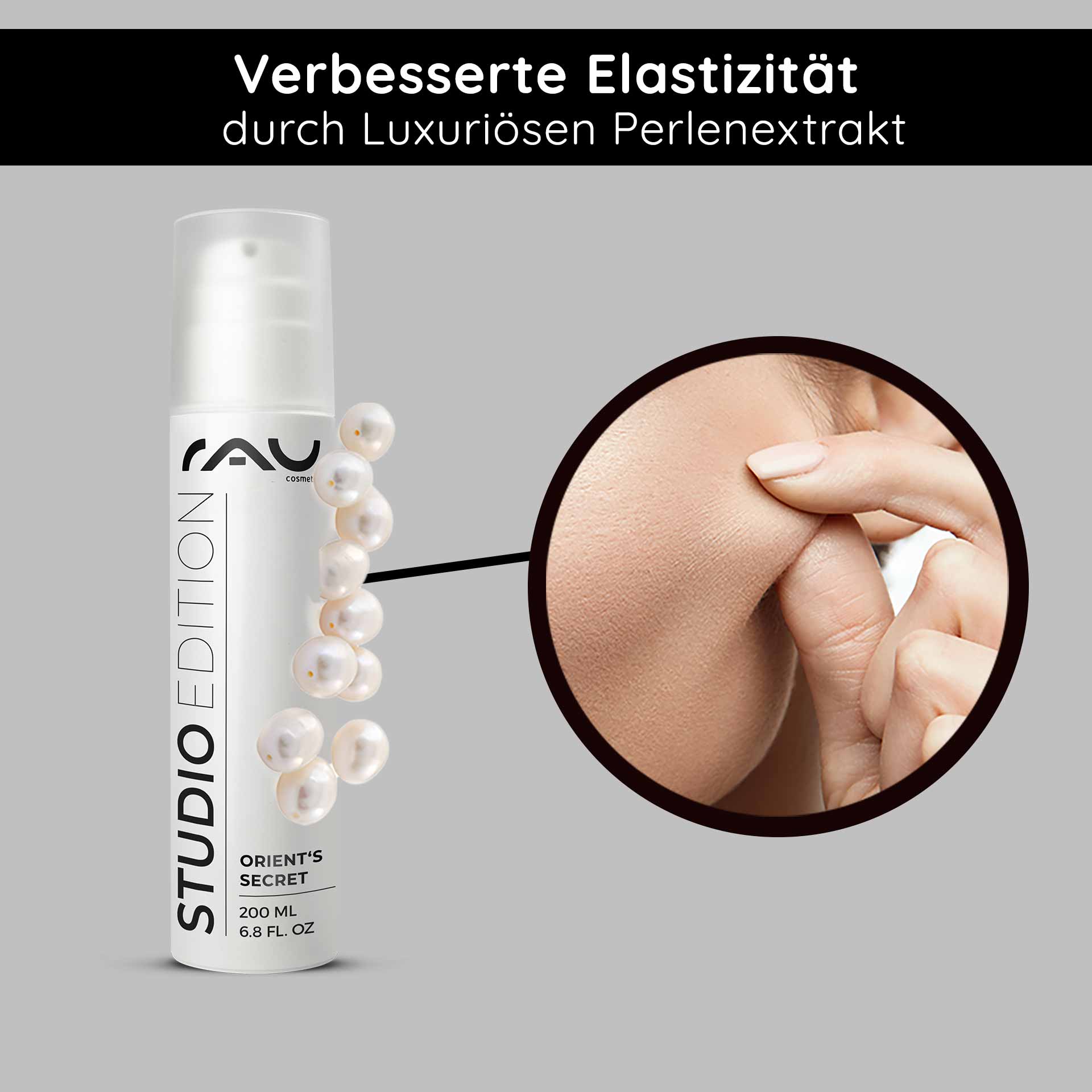 Orient's Secret 200 ml con polvere di amnetista Eine Flasche Gesichtscreme „Orient‘s Secret“ von RAU Cosmetics mit luxuriösem Perlenextrakt, die die verbesserte Hautelastizität hervorhebt, und eine Nahaufnahme einer Hand, die sanft in die glatte Haut kneift.