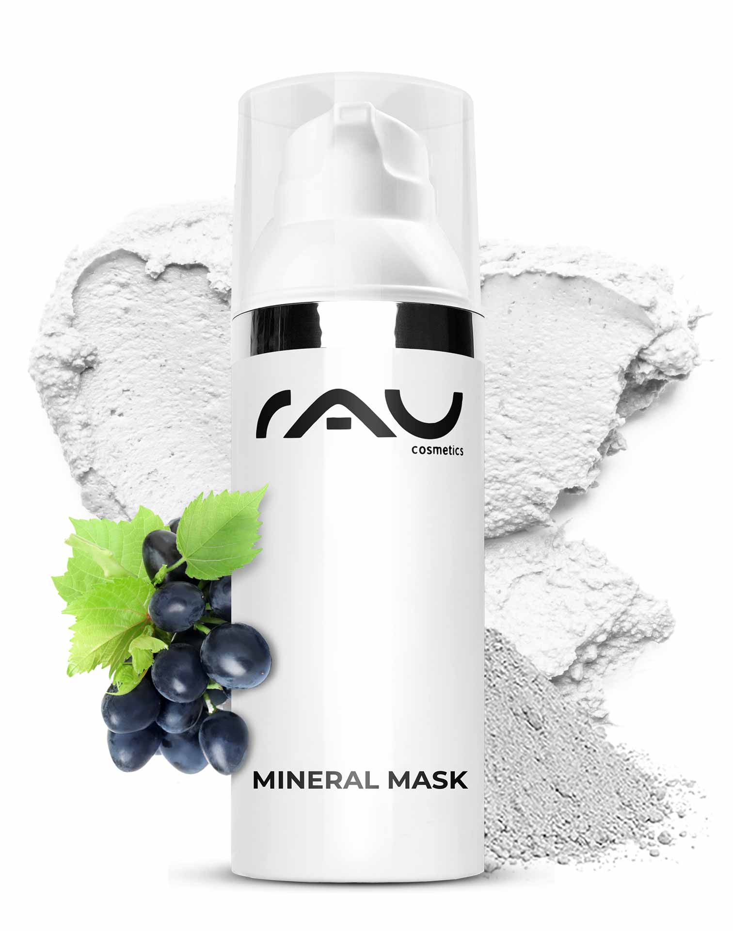 Maschera minerale 50 ml Maschera viso opacizzante Mineral Mask von RAU Cosmetics in einer eleganten Verpackung mit Pflanzenmotiven, umgeben von Rügener Heilkreide, ideal für unreine und empfindliche Haut, unterstützt die Hautregeneration und mattiert.