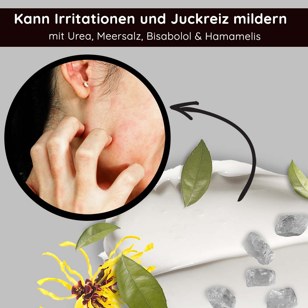 Crema calmante al sale marino 50 ml Crema viso al sale marino Mensch mit gereizter Haut, die Juckreiz verspürt, umgeben von Meersalz, Bisabolol und Hamamelis, visualisiert die beruhigenden Eigenschaften der Sea Salt Calming Cream von RAU Cosmetics.
