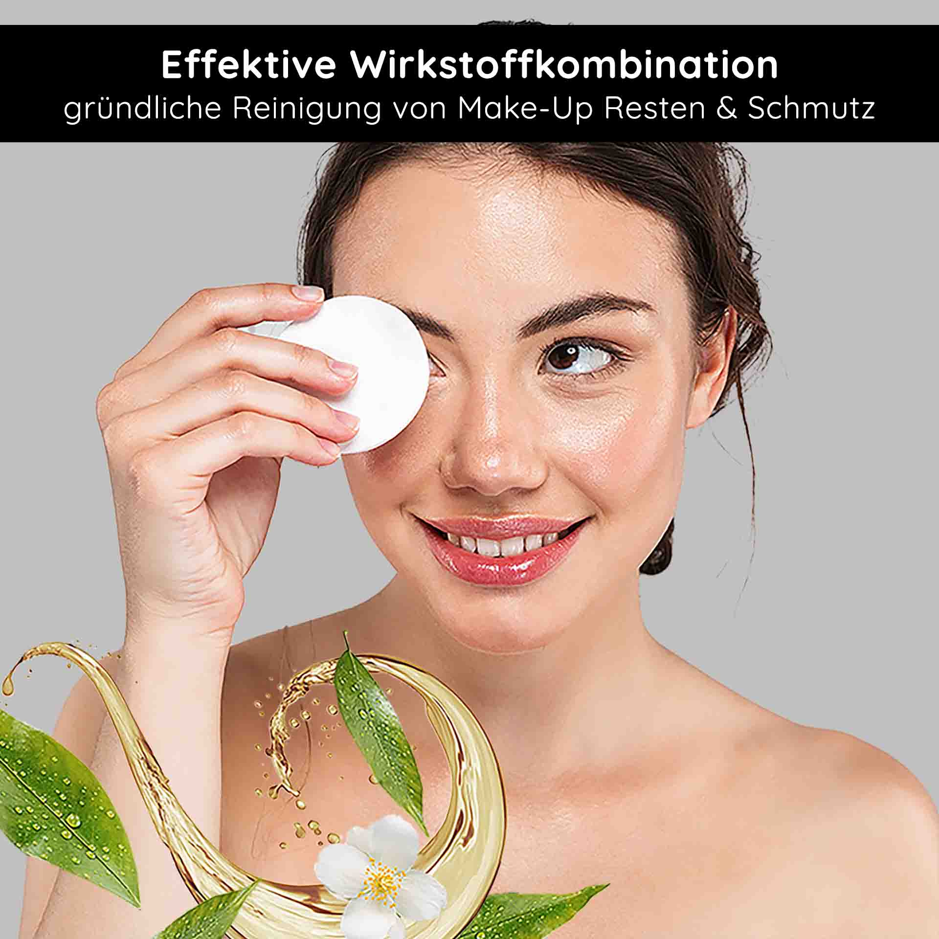 AHA Tonic 200 ml - Tonico con effetto anti-età Frau mit Make-Up-Entferner-Pad reinigt sanft ihr Gesicht, um Make-Up-Reste und Schmutz zu entfernen, umgeben von natürlichen Extrakten und Wasser, symbolisiert sanfte Hautpflege und effektive Wirkstoffkombination.