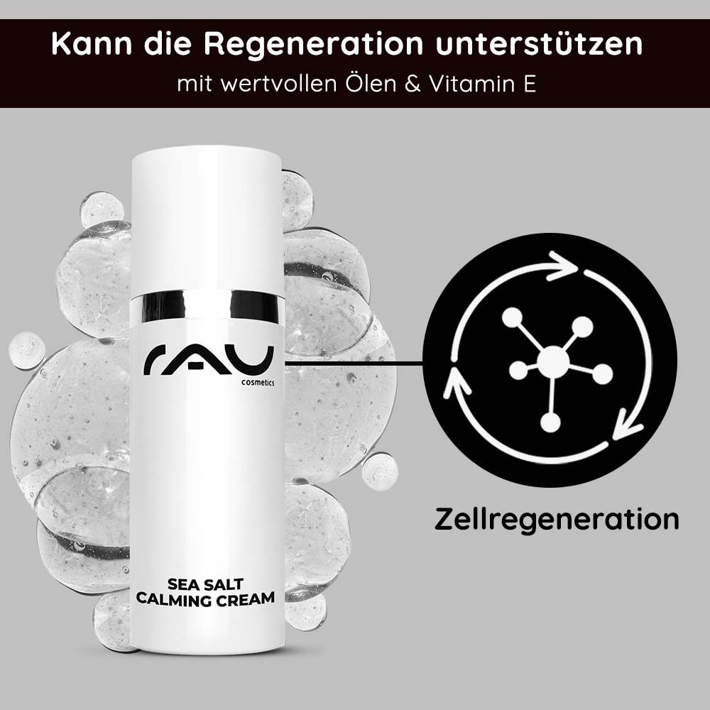 Crema calmante al sale marino 50 ml Crema viso al sale marino Flasche der Sea Salt Calming Cream von RAU Cosmetics mit feuchtigkeitsspendenden Inhaltsstoffen, mit einer Grafik, die die Zellregeneration vor einem Hintergrund aus Blasen veranschaulicht.