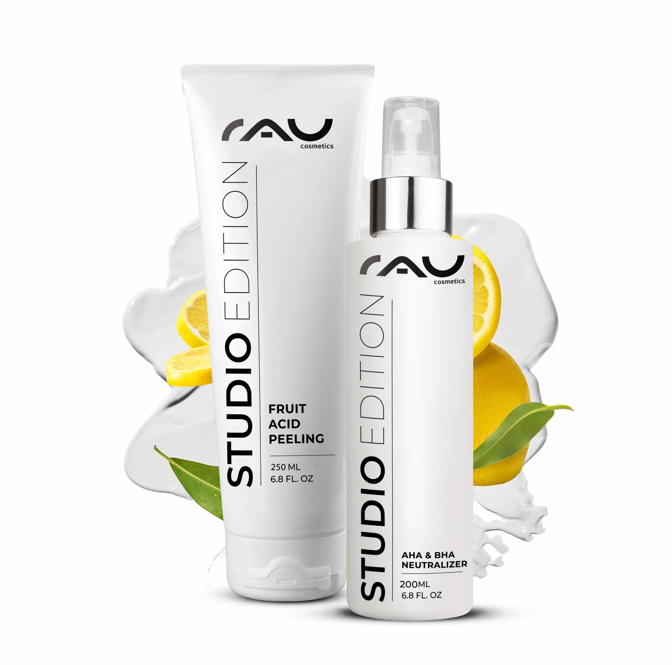 Peeling agli acidi della frutta 250 ml Peeling agli acidi della frutta con BHA Fruchtsäurepeeling Set von RAU Cosmetics, 250 ml und 200 ml AHA & BHA Neutralisierer, mit Zitrusfrüchten und grünen Blättern, Studio Edition.