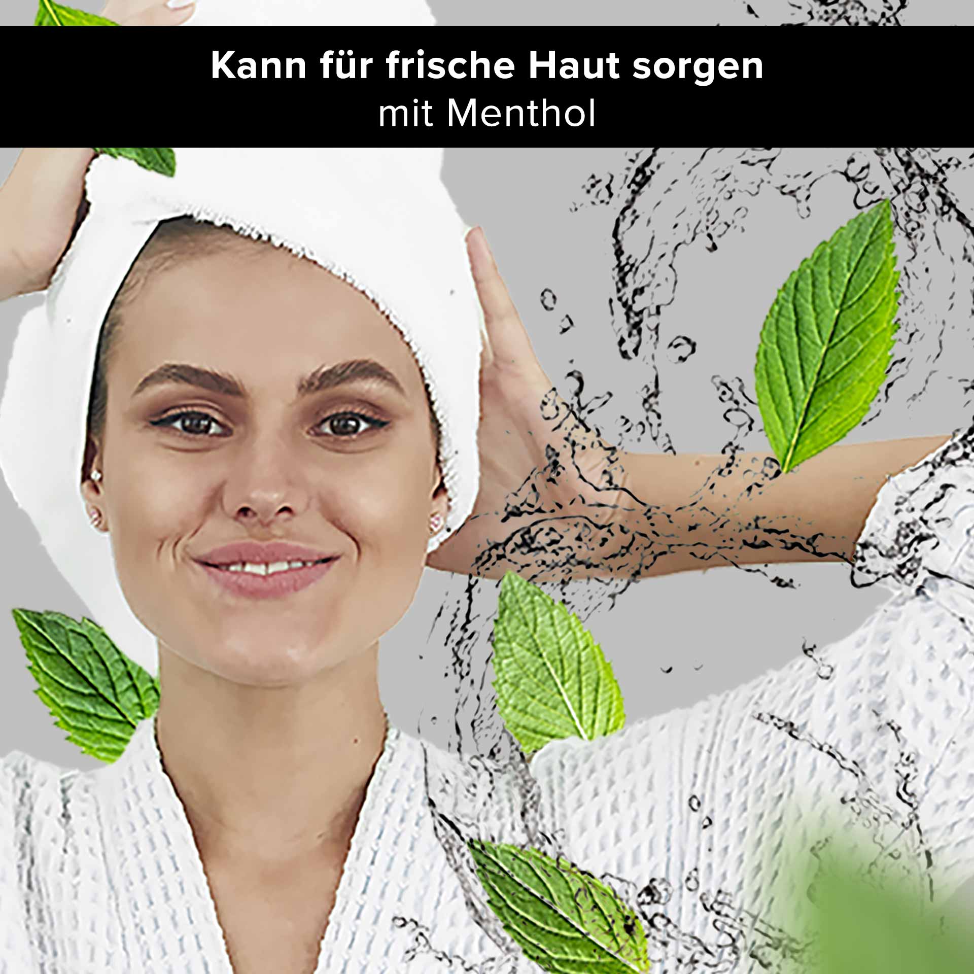 Ampolle opacizzanti 10x2 ml Opacizzante al pistacchio selvatico Frau mit einem Handtuch auf dem Kopf, lächelnd und umgeben von frischen Minzblättern und Wassertröpfchen, symbolisiert erfrischende Hautpflege mit Menthol von RAU Cosmetics.
