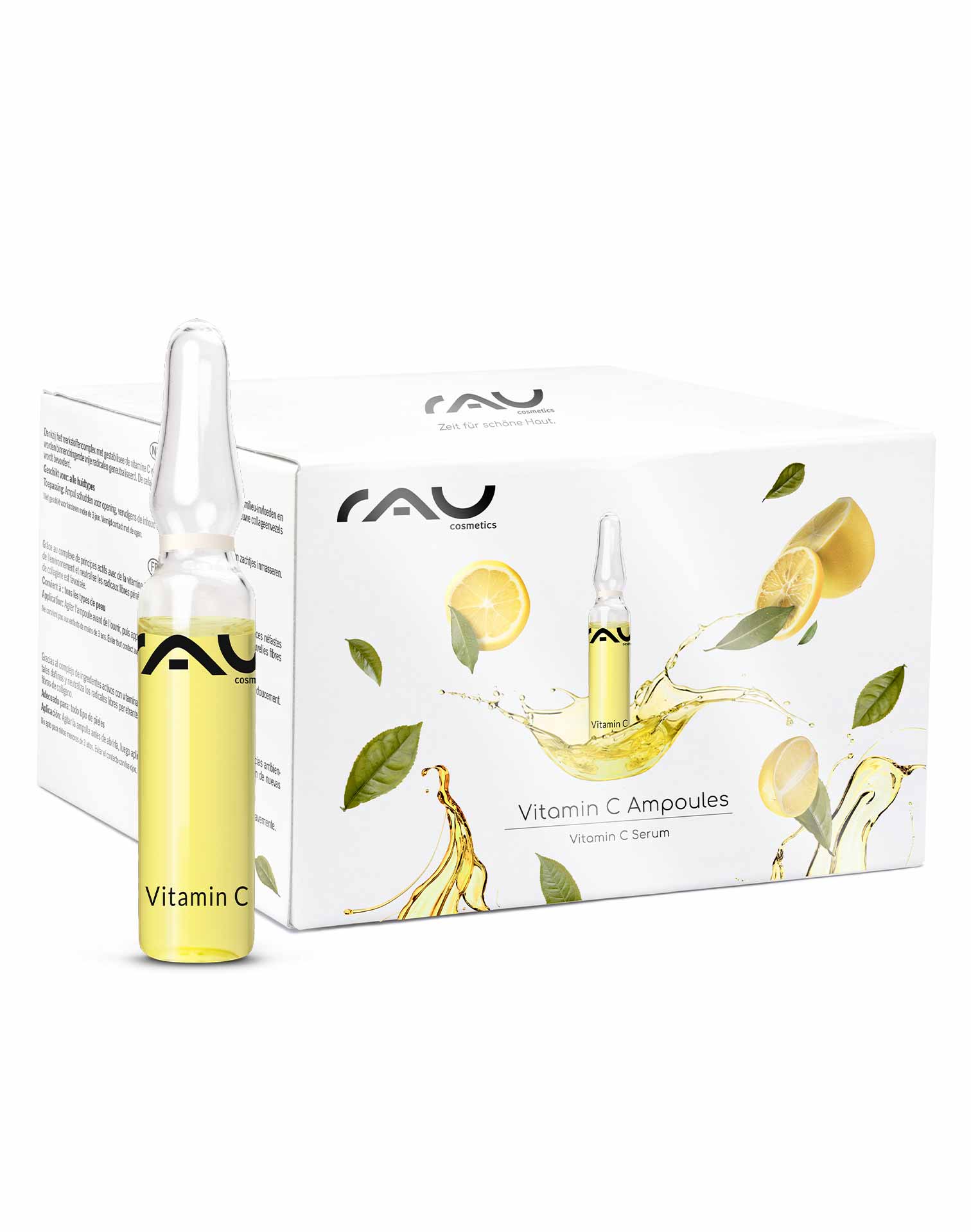 Ampolle di vitamina C 14x2 ml per pelli mature e con imperfezioni RAU Cosmetics Vitamin C Ampullen Set, 14 x 2 ml, mit gelbem Serumfläschchen und Verpackung mit Zitronen- und Blattgrafiken, fördert den Hautschutz und die Regeneration.